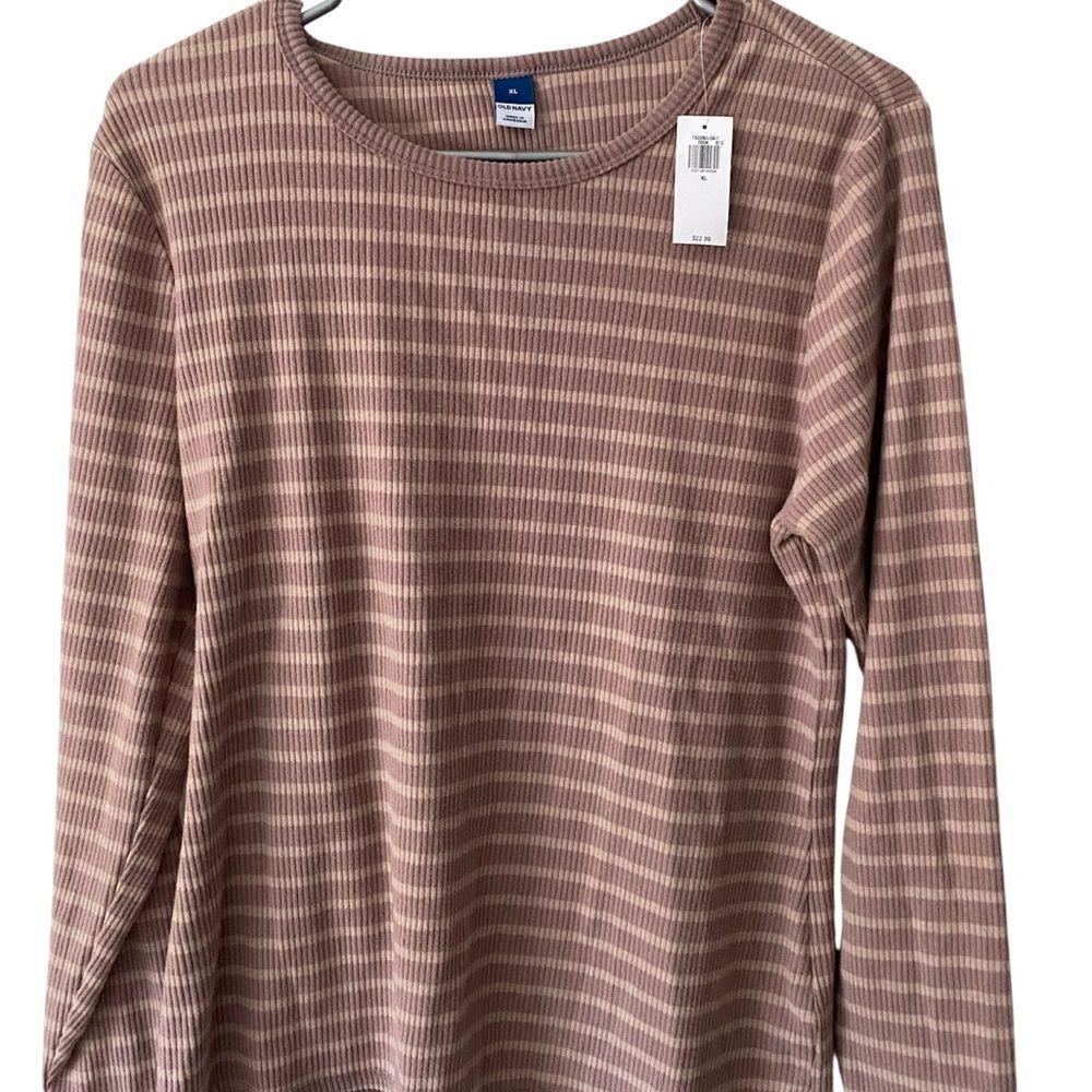 OLD NAVY Striped Ribbed Long Sleeve Top | Mauve and Cream | Size XL | NWT